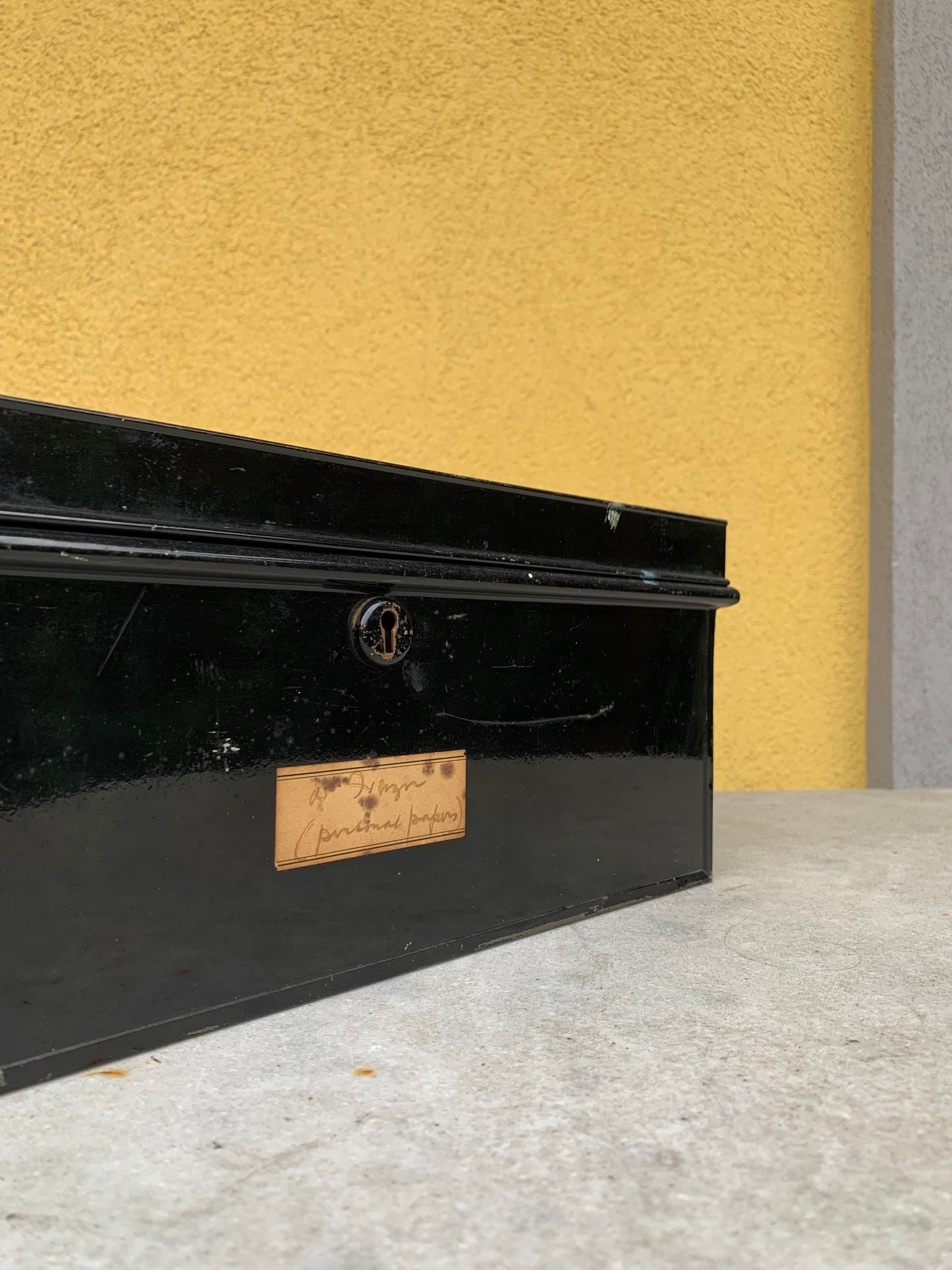Metal document box with label