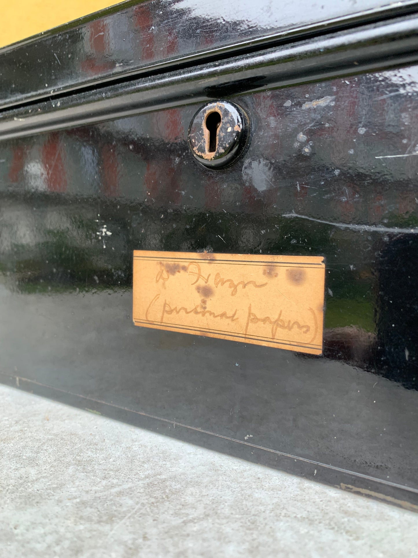 Metal document box with label
