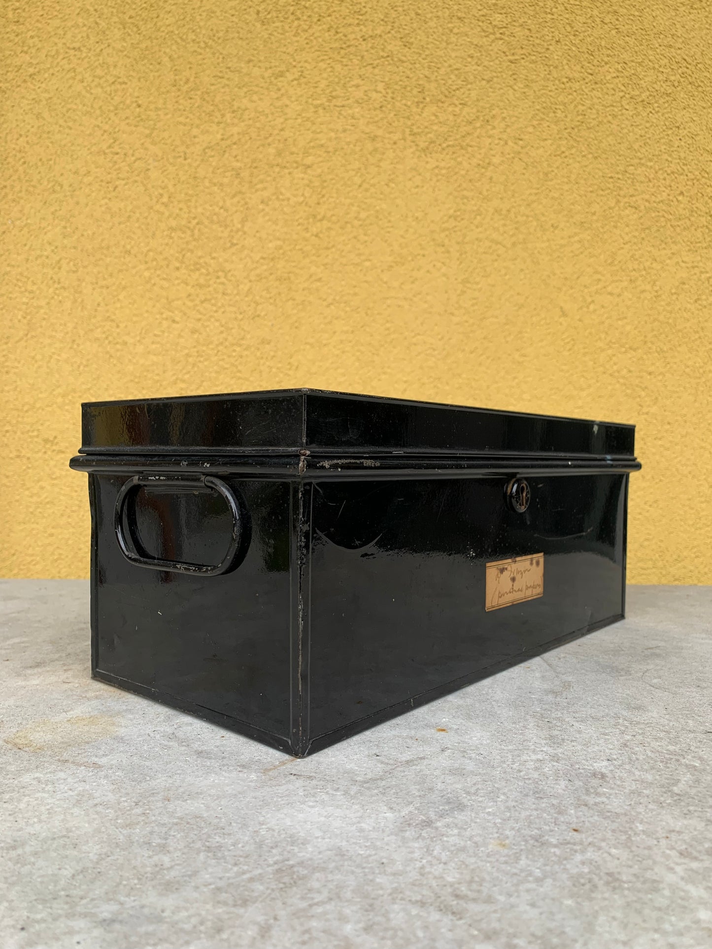 Metal document box with label
