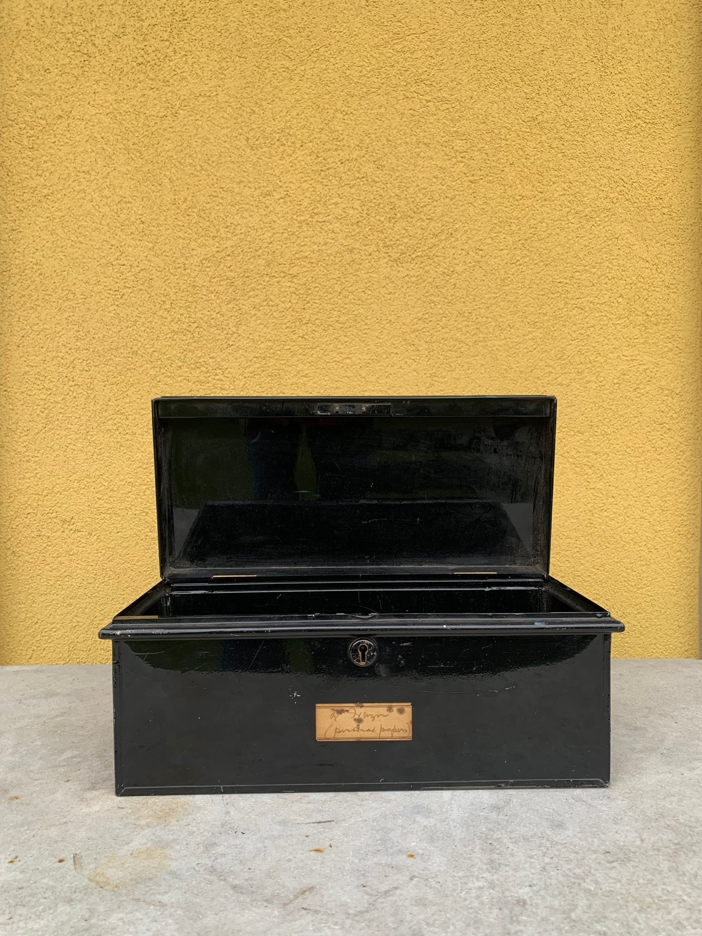 Metal document box with label