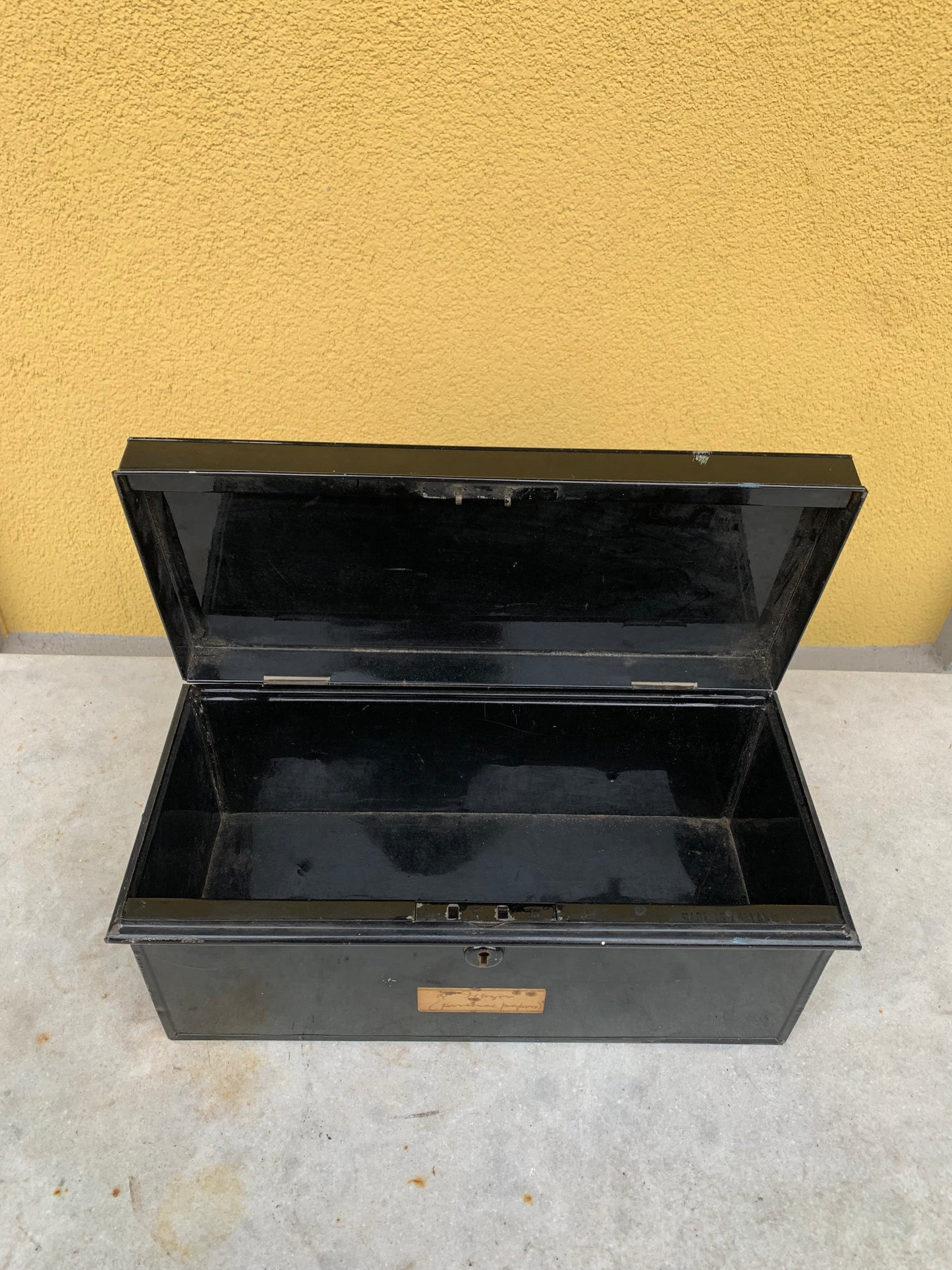 Metal document box with label